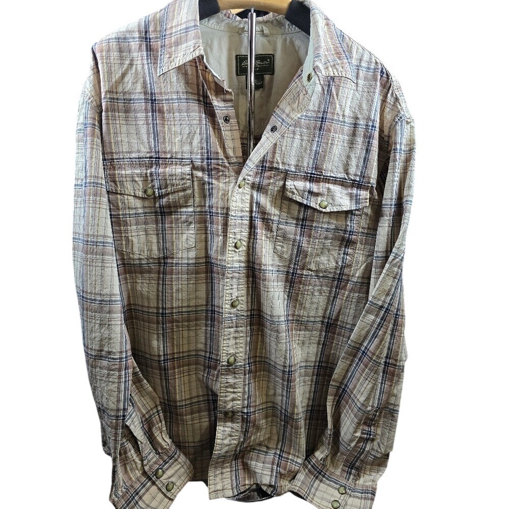 Eddie Bauer Mens XL Plaid Snap Front Long Sleeve‎ Cotton Shirt Tan Brown Blue